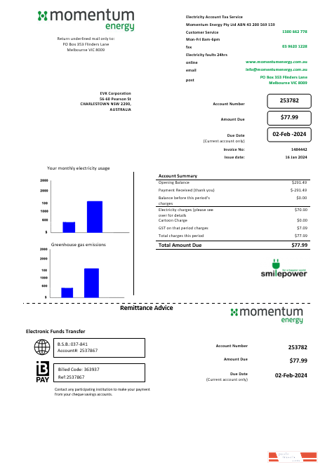Australia Momentum Energy business utility bill template in Word and PDF format